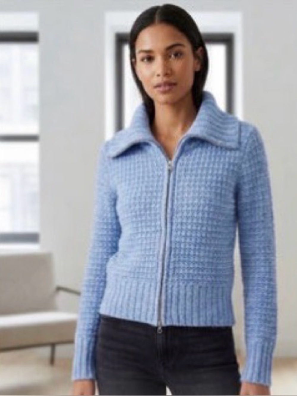 NWT Joie Light Blue Knit Zip-Front Cardigan With Flare Collar Size
Small